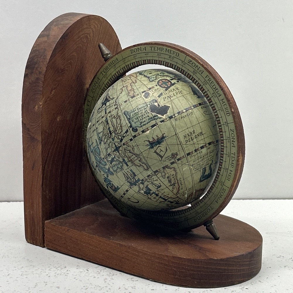 Vintage Zoffoli Italian Old World Rotating Globe Wooden Bookend
